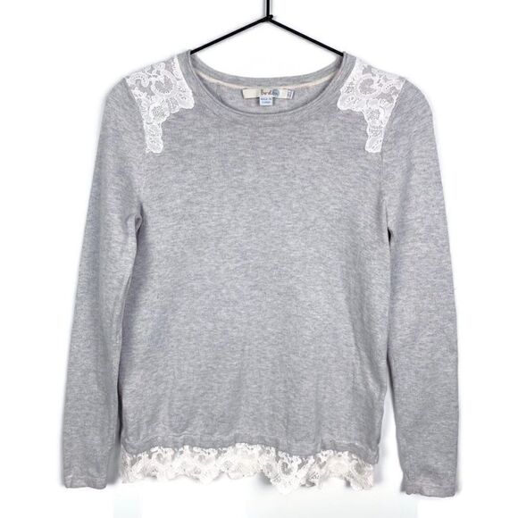 Boden Lace Embellished Sweater Cotton Gray White Long Sleeve Crew Neck 2 - Picture 1 of 13